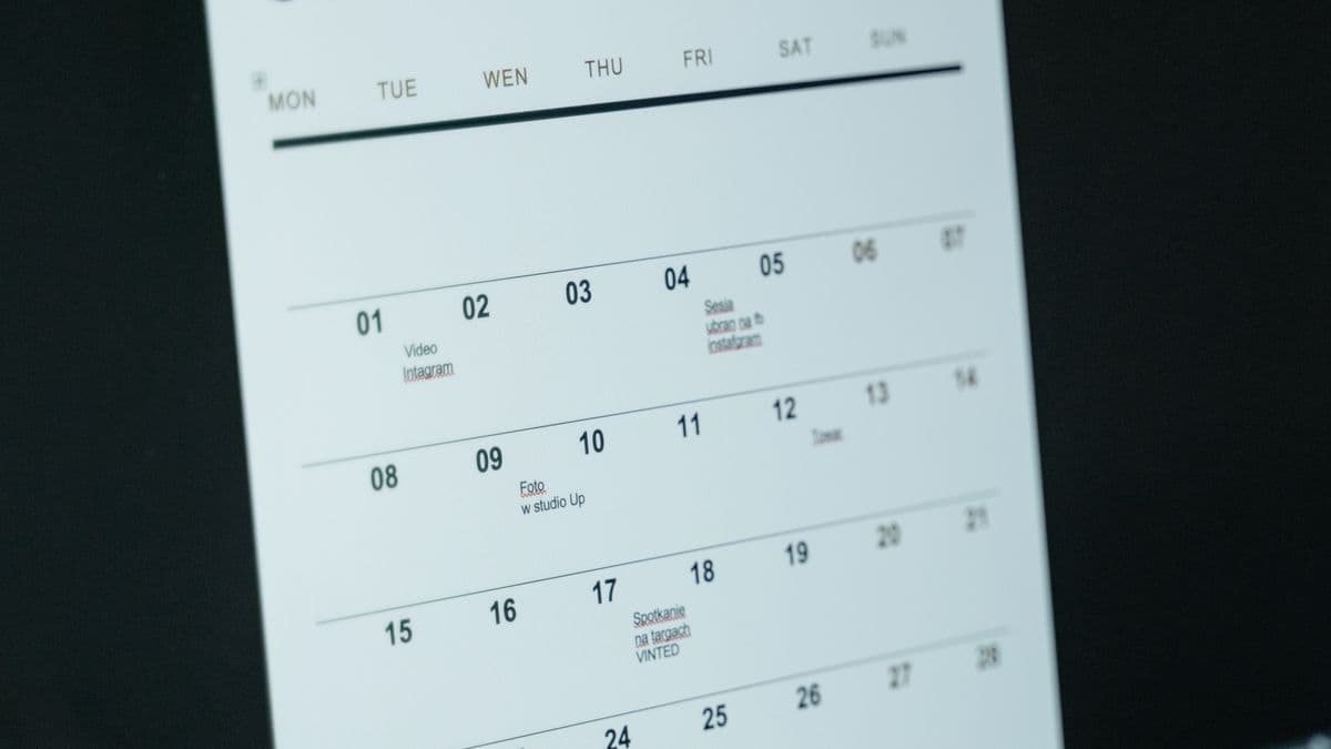 A planning calendar showing scheduled dates and reminders